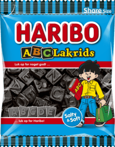 Pose Haribo ABC-Lakrids 120 g med lakridsbogstaver