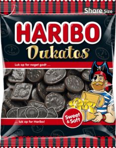 Pose med Haribo Dukatos lakridsmønter med sukker 120 g