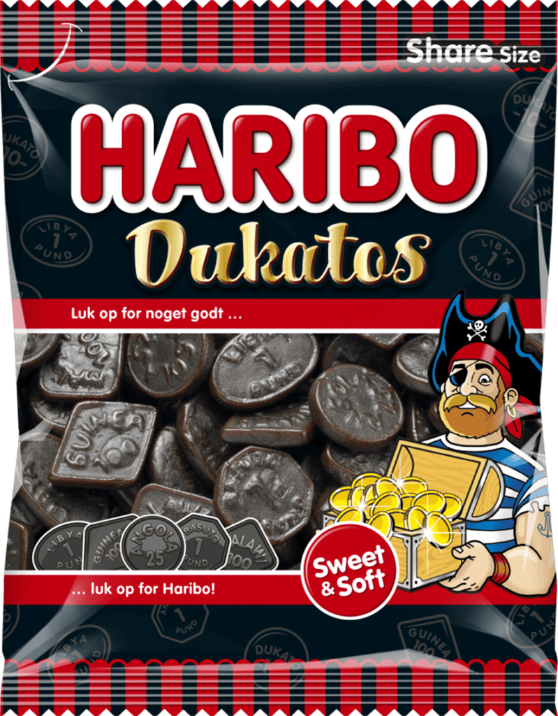 Pose med Haribo Dukatos lakridsmønter med sukker 120 g