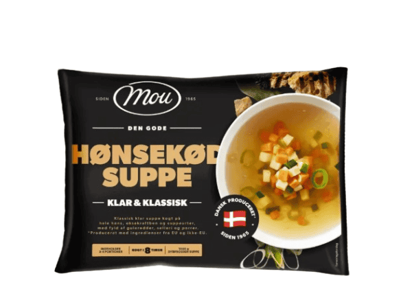 Mou hønsekødsuppe emballage med klassisk dansk kyllingesuppe