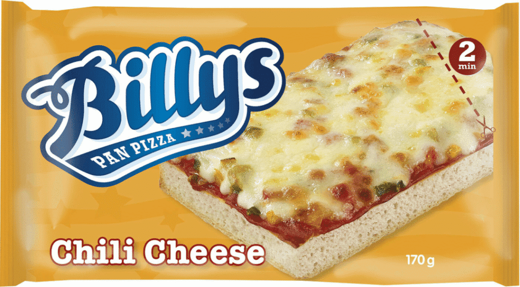 Billys Pan Pizza Chili Cheese frysepizza i emballage