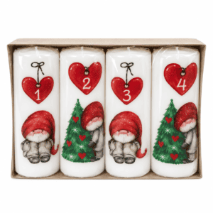 ADVENTSLYS "NISSE MED HUER" fire hvide adventslys med julenisser og røde hjerter