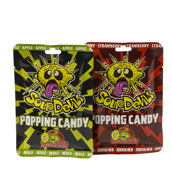 Sour Devils Popping Candy med jordbær- og æblesmag