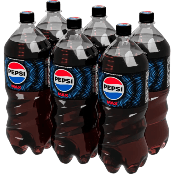 Seks plastflasker med Pepsi Max 1,5 liter uden sukker