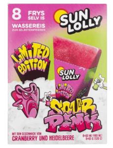 Sun Lolly Sour Pink fryseis i trekantede poser klar til at fryse