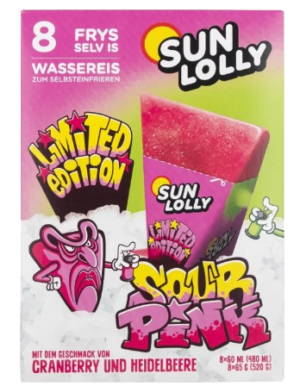 Sun Lolly Sour Pink fryseis i trekantede poser klar til at fryse