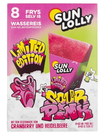 Sun Lolly Sour Pink fryseis i trekantede poser klar til at fryse