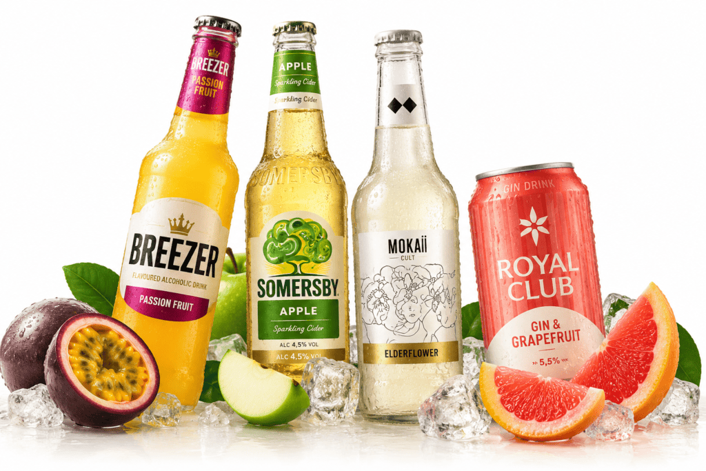 Breezer, Somersby, Mokai og Royal Club alkoholiske drikke med is og frisk frugt
