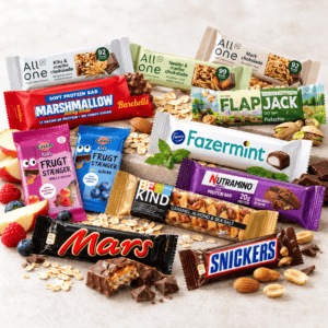 Snackbarer med Mars, Snickers, Fazermint, proteinbarer, müslibarer og frugtstænger