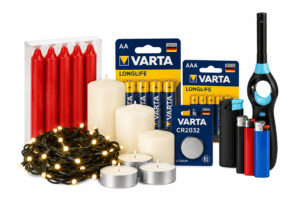 Stearinlys, batterier, lyskæde og lightere samlet på hvid baggrund