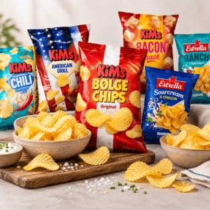 KiMs chips i flere smagsvarianter sammen med Estrella chips og skåle med chips