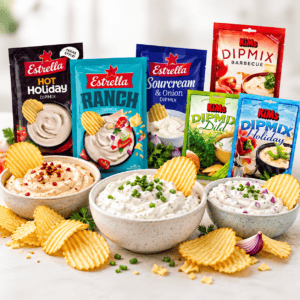 Dipmix fra Estrella og KiMs med færdigblandede dips og chips