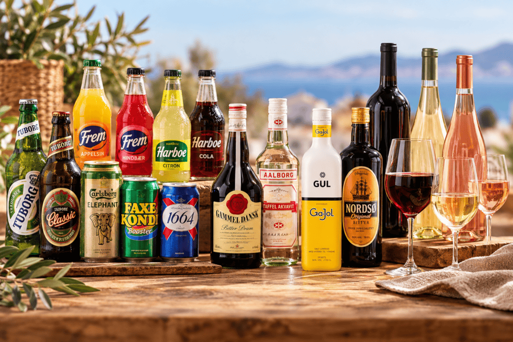 Udvalg af drikkevarer med øl, sodavand, spiritus og vin fra OLB’s sortiment