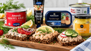 Fiskepålæg med makrel, kaviar, torskerogn, tun og karrysild