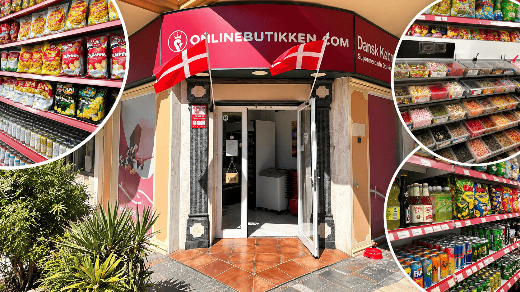 Indgangen til Onlinebutikken.coms fysiske danske købmandsbutik i Fuengirola, Spanien, med dansk flag og hylder fyldt med danske dagligvarer.