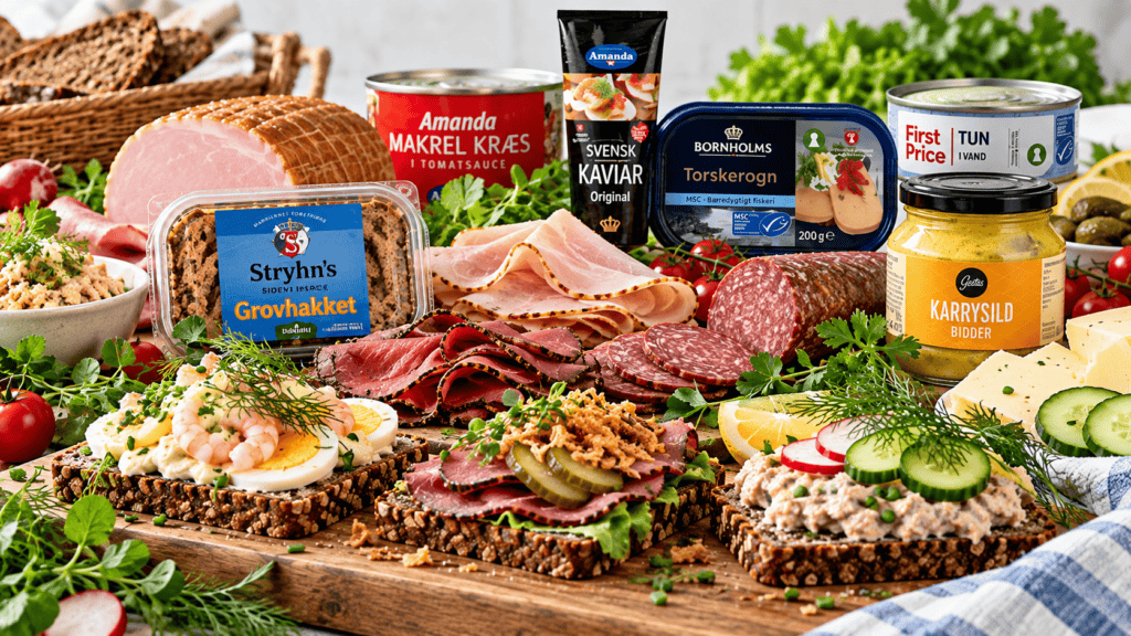Dansk frokostbord med leverpostej, kødpålæg, spegepølse, ost og fiskepålæg