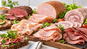 Udvalg af klassisk kødpålæg med hamburgerryg, roastbeef, røget filet og rullepølse