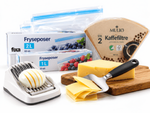 Æggedeler, osteskærer, fryseposer og kaffefiltre samlet på hvid baggrund