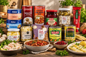 Konserves med Abba, Beauvais, Felix, kartofler, svampe, ærter, asparges og tomatpuré