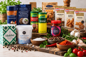 Santa Maria krydderier, Knorr, Maldon salt, Gestus havsalt og andre krydderier samlet på bord