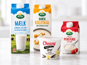 Mejeriprodukter med Arla mælk, dansk koldskål, piskefløde og Cheasy skyr
