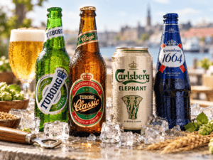Danske øl med Tuborg, Tuborg Classic, Carlsberg Elephant og 1664 serveret kolde med is