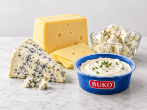 Ost med Danbo, blåskimmelost, feta og Buko smøreost