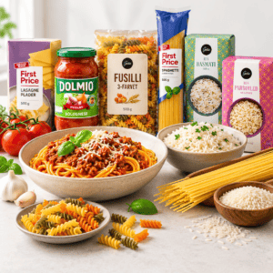 Pasta, spaghetti, lasagneplader, basmatiris og parboiled ris med tomatsauce