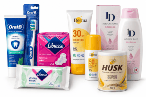 Tandpleje, Libresse, Derma solcreme, ID intimprodukter og HUSK samlet på hvid baggrund