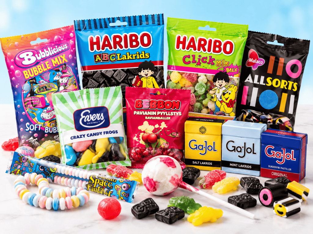 Slik med Haribo, Ga-Jol, Evers, Malaco og Bubs med lakrids, vingummi og slikkepinde