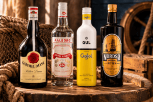 Gammel Dansk, Aalborg Taffel Akvavit, Gul Ga-Jol og Nordsø Bitter samlet i rustikt spiritusmiljø