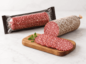 Spegepølse og salami med skiver på træbræt