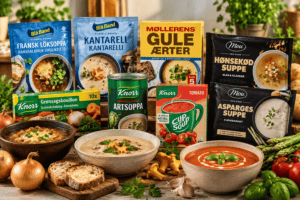 Supper fra Blå Band, Knorr, Møllerens og Mou med serverede supper på bord