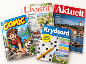 egneserieblad, familieblad, krydsordsblad og magasin samlet på lys baggrund