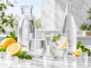 Vand med og uden brus serveret med citron, is og mynte