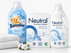 amseline skyllemiddel, Neutral vaskepulver og Neutral skyllemiddel samlet på hvid baggrund
